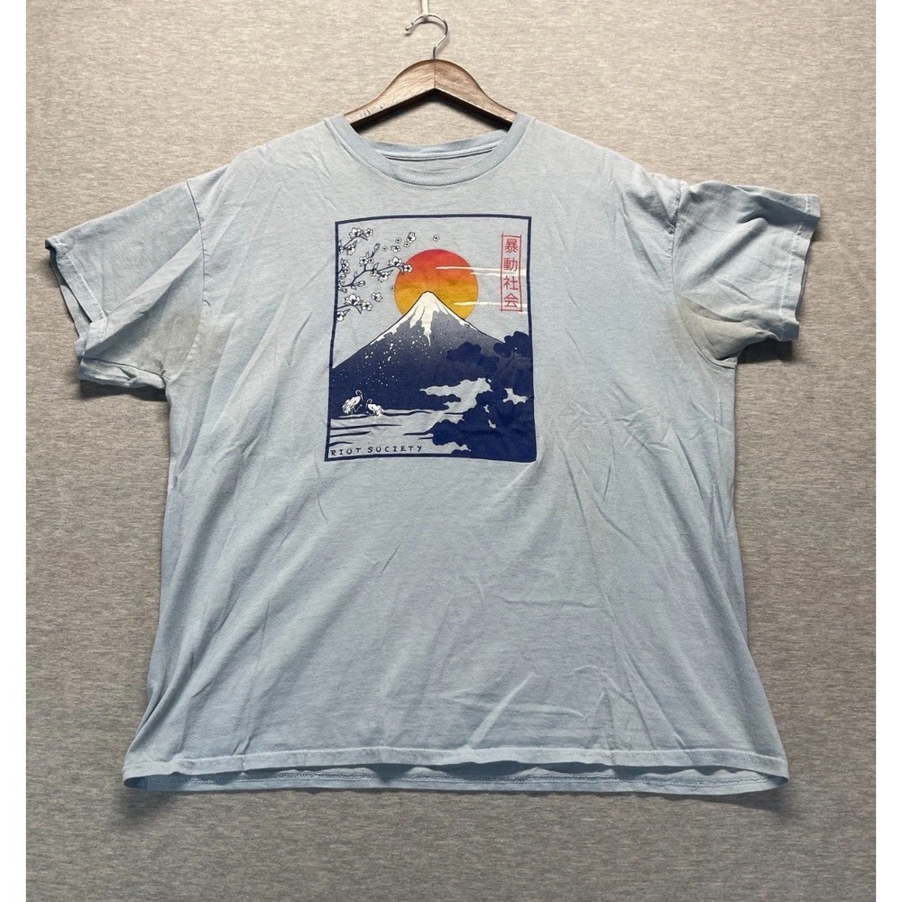 Riot Society T Shirt Mens XL Light Blue Graphic Mount Fuji Sunset Cherry Blossom